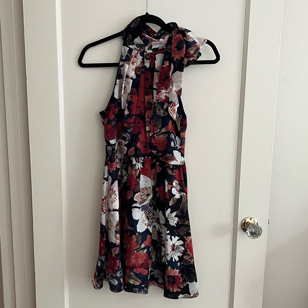 ModCloth Dark Floral Tie-Neck Dress with Keyhole Back